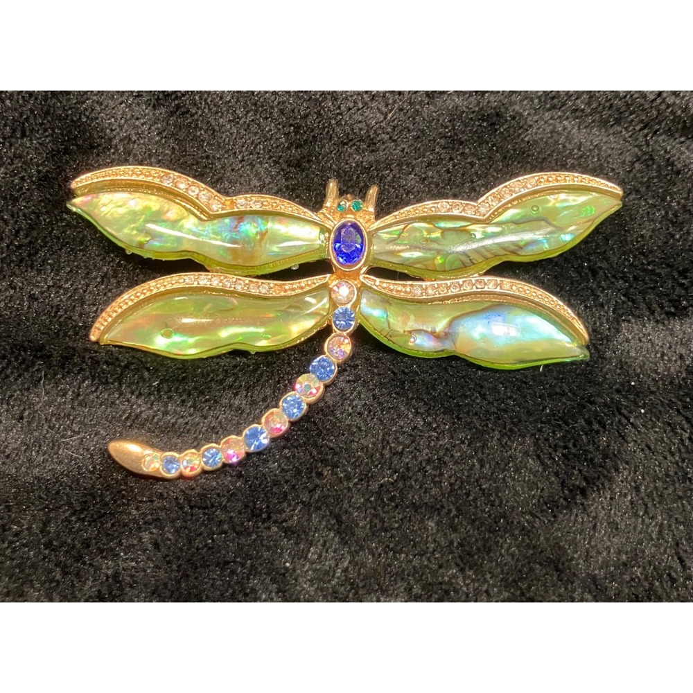 Kenneth Cole Dragonfly Brooch Womens Green Gold Abalone Rhinestone Pin